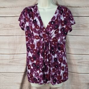 JJill Top Short Sleeve V Neck Purple Burgundy Cream Floral Print XS
